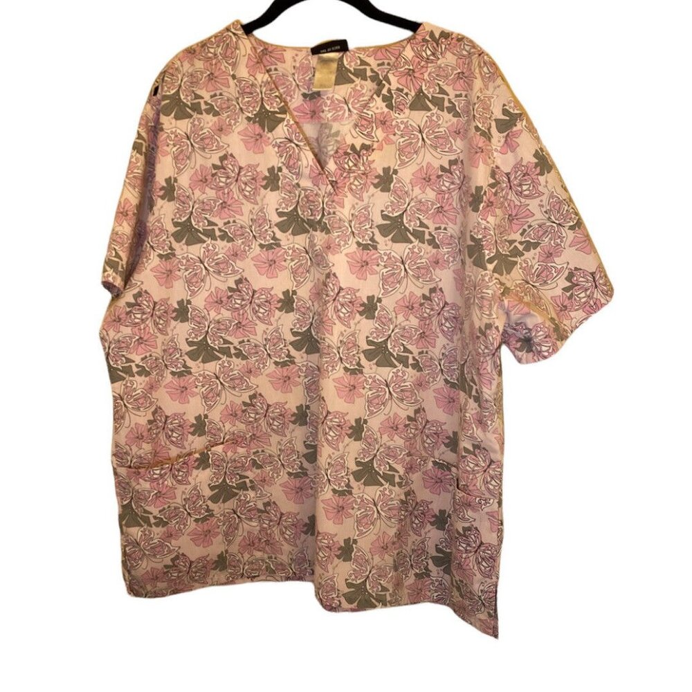 Scrub H.Q. Nurse Scrubs Top Pink Grey Butterfly Floral Print  XL  Medical READ